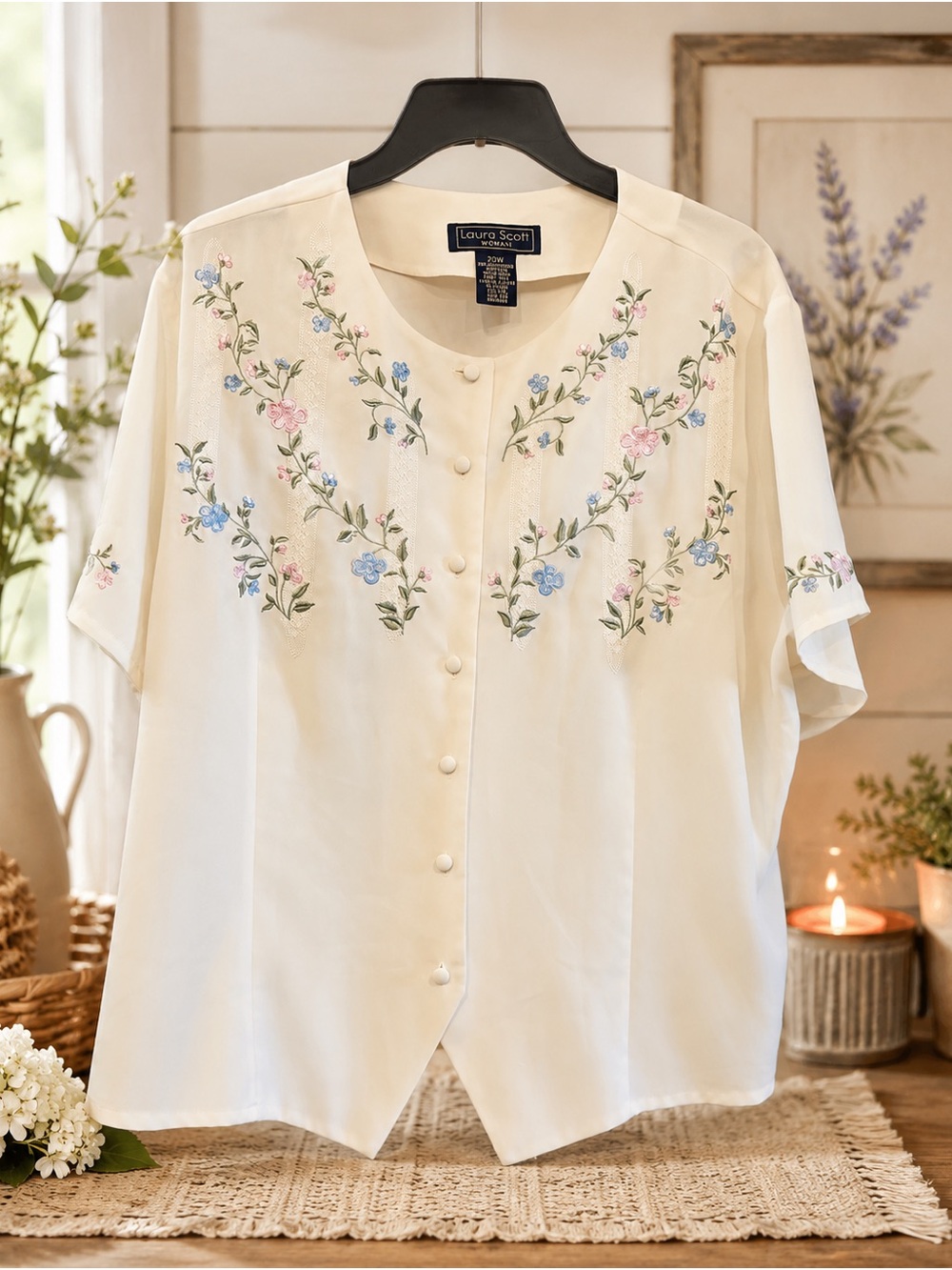 Laura Scott Cream Button-Front Blouse with Blue and Pink Floral Embroidery